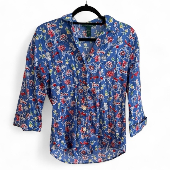 Ralph Lauren Tops - Ralph Lauren floral button-down shirt with 3/4 length roll-cuff sleeve